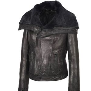 Wilsons Leather | Black Leather Zip Up Moto Jacket Fur Collar
